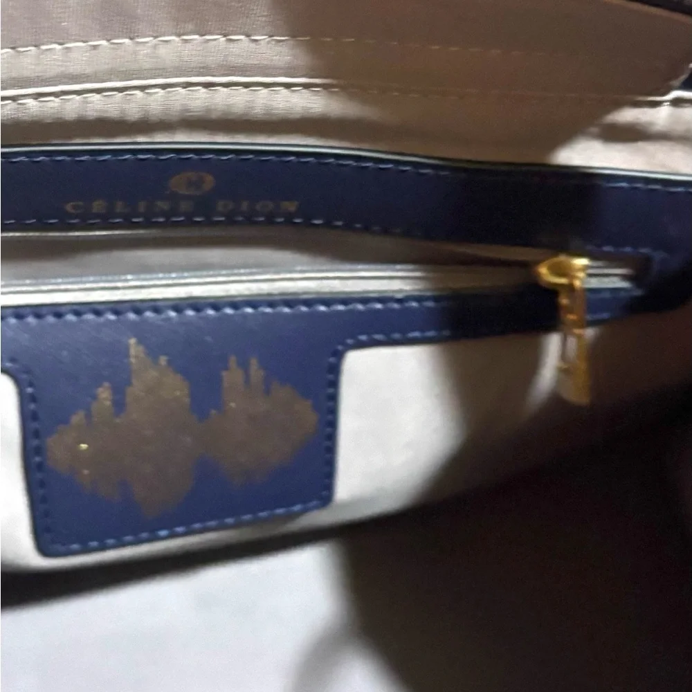 Celine Dion Elegant Navy blue satchel leather Handbag with Gold Accents